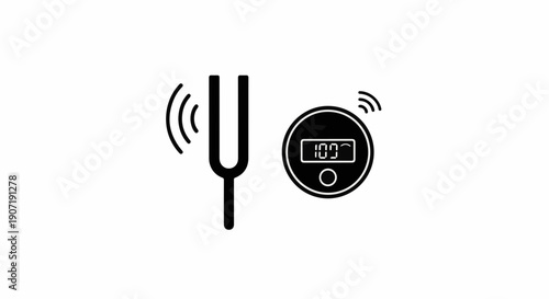 Tuning fork vibrating next to a digital sound meter measuring frequency