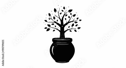 Stylized silhouette of a potted tree with leaves against a white background