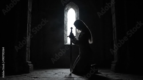 A cloaked figure kneels, clutching a sword in a stone chamber before a glowing window