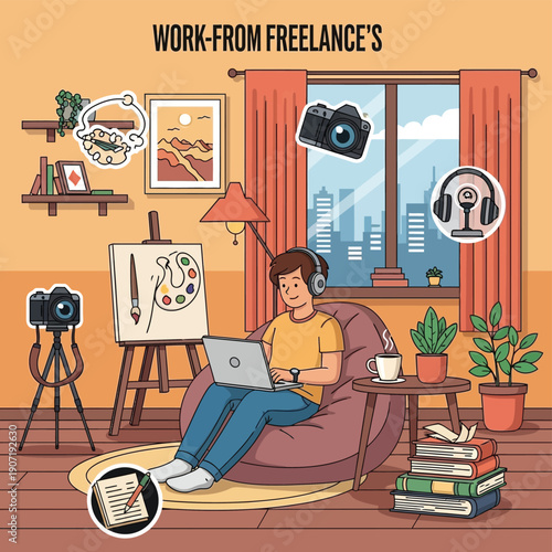 Creative freelance artist working comfortably from home immersed in digital art with laptop headphones and art supplies a cozy room with city view and creative tools symbolizing