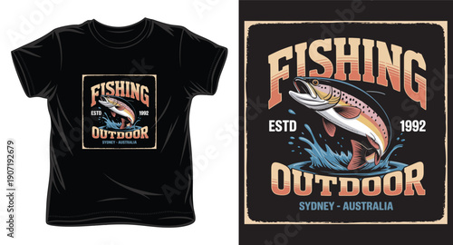 Fishing outdoor vintage t-shirt design with a jumping trout fish, retro poster estd 1992 Sydney Australia