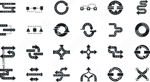 Road Map Icons and Highway Direction Arrows Set for Navigation, Traffic Logistics, and Path Finding Concepts