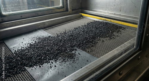 Black granules on vibrating mesh screen inside industrial enclosure