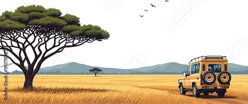 Yellow off-road vehicle drives across a dry savanna plain toward distant hills under a wide expanse of bright sky.