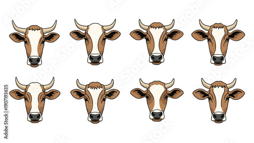 Collection of eight cow head icons displays various brown and white color patterns for farm life and livestock branding applications.