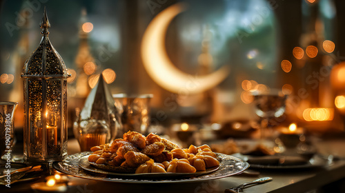 Ramadan banner with lantern glowing with candles and sweets on table, cozy cushions and string lights in background. Ramadan Kareem, Eid Mubarak, hospitality, and cultural celebration concept	