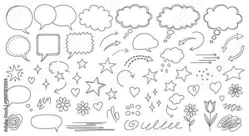Vector illustration of chat bubbles, speech bubbles, stars, hearts, flowers, and other decorative elements for social media, website, or presentation, Isolated on transparent background, png