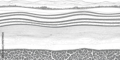 A detailed black and white illustration depicting various natural textures and geological strata layered horizontally.