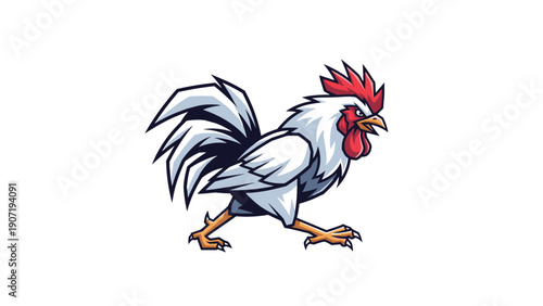 Dynamic vector illustration of a walking rooster with a bright red comb displays a proud and energetic character for farm themes.