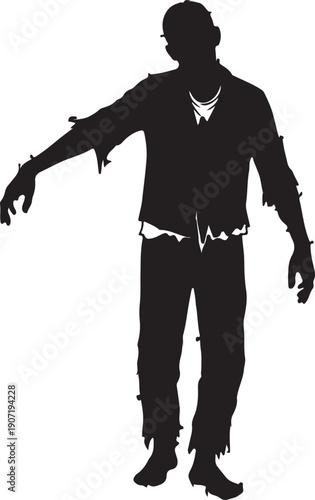 A zombie wearing a suit and tie with a belt and a white shirt.