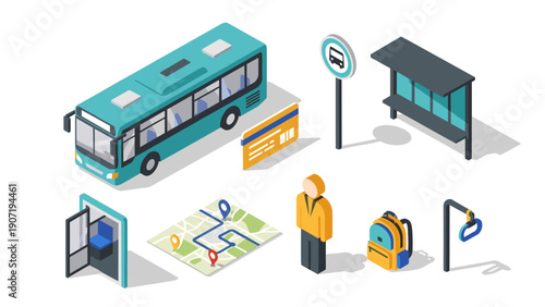 Isometric urban public transport set with bus and stop elements