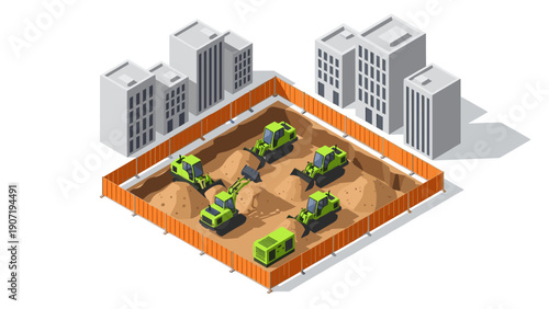 Isometric construction site with excavators and buildings in urban setting