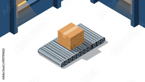 Isometric conveyor belt with cardboard box in industrial warehouse setting