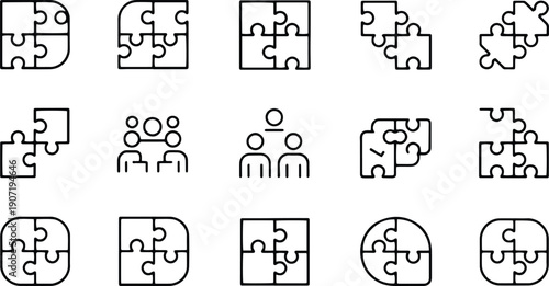 Puzzle Pieces Outline Icon Set – Jigsaw Solution, Teamwork & Connection Vector.