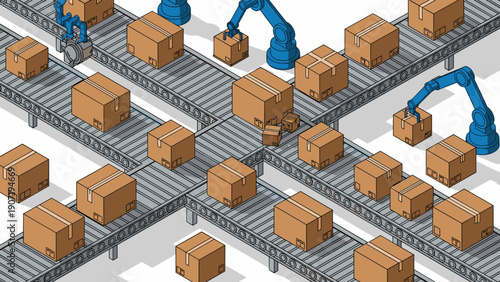 Automated packaging system with robotic arms on factory conveyor belts
