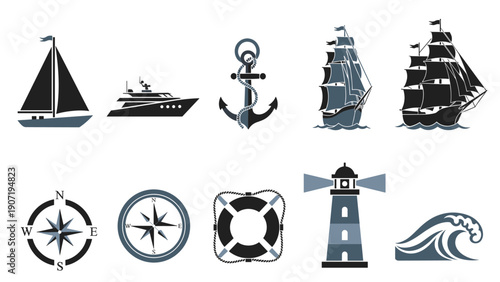 Nautical elements collection: sailboats, compass, anchor, lighthouse, wave icons