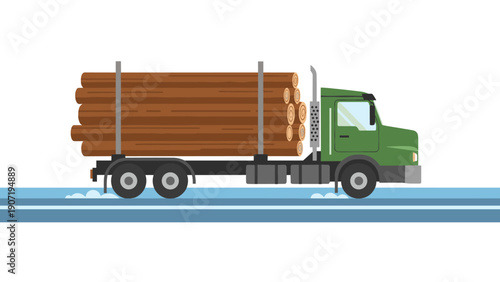Green timber truck on icy road in flat design