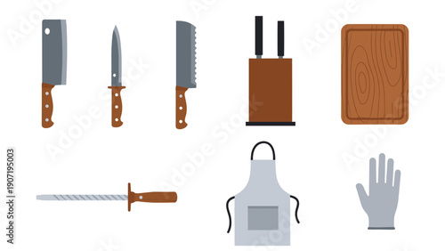 Kitchen tools collection with knives, cutting board, and accessories