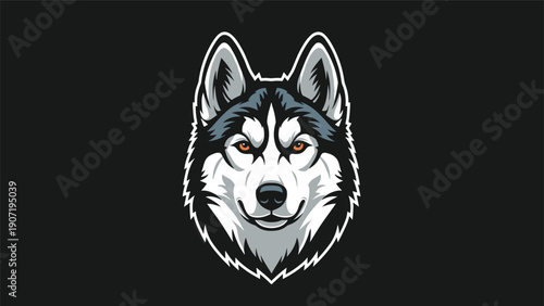 Detailed husky dog head mascot with blue and grey fur and intense orange eyes isolated on a black background.