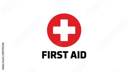 Red circle with white cross and bold black text ‘FIRST AID’ symbolizing emergency medical care, healthcare supplies, safety, and assistance services