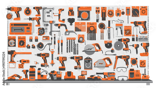 Organized garage wall with hanging tools in flat design