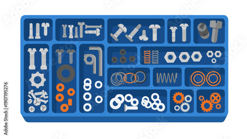Toolbox organizer with nuts, bolts, and washers in drawer compartments