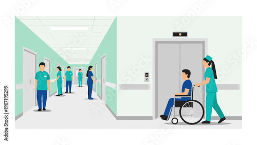 Healthcare facility scene with medical staff and patient in wheelchair