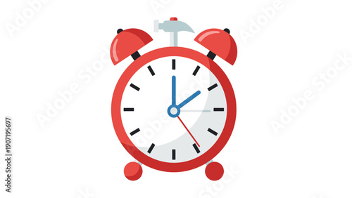 Classic red alarm clock with bell in flat design on a white background