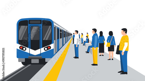 Urban commuters boarding subway train in modern flat style