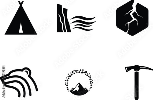 black and white icons of outdoor adventure and nature symbols