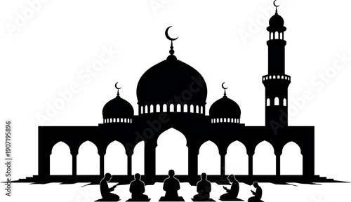 Islamic Mosque Silhouette Illustration with Muslim People Praying at Sunset for Ramadan Kareem Eid Al Fitr Celebration Background Vector Design