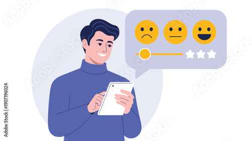 Illustrated person holding tablet with feedback interface showing emoji rating scale and stars symbolizing survey, customer satisfaction, and user review