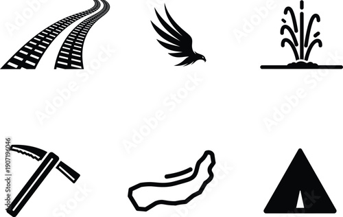 collection of black and white icons including railroad tracks bird water fountain pickaxe and warning signs