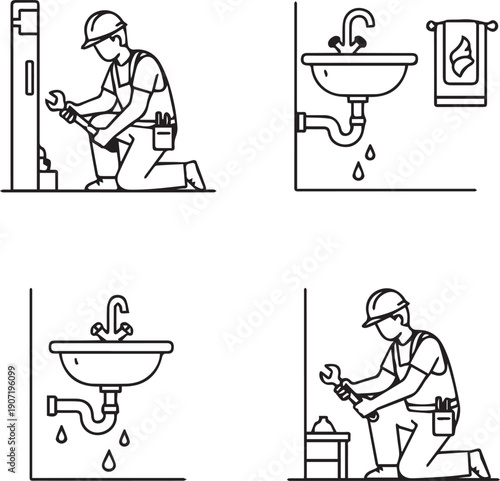 Silhouette of a plumber fixing a leaky faucet and sink silhouette