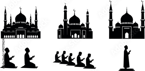 Islamic Silhouette Vector Set Featuring Detailed Mosque Architecture and Muslim Men Performing Salah Prayer on Mats for Ramadan and Eid Greeting