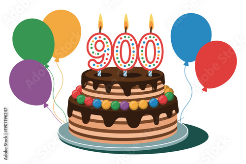 A colorful chocolate cake with candles and balloons celebrating a special occasion