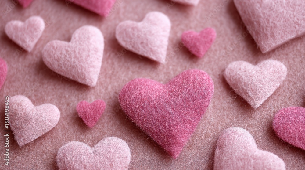 Obraz premium Soft Felt Hearts in Various Shades of Pink on a Light Fabric Background Perfect for Valentine's Day or Romantic Decor and Crafts