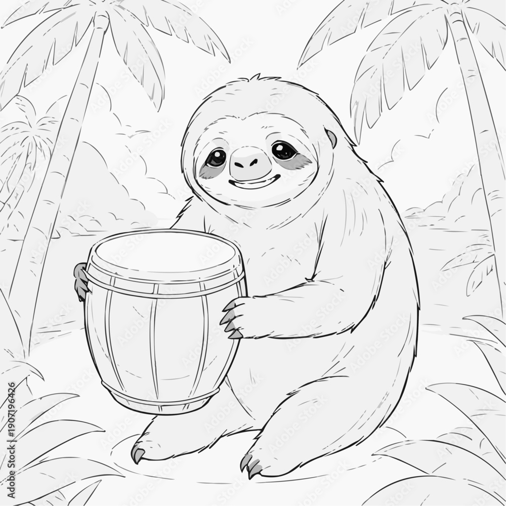 Obraz premium Sloth holding bongo drum on tropical island background with palm leaves and distant ocean 