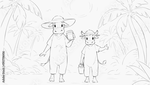 Cows in sun hats walking on tropical road with palm trees, fun summer adventure 
