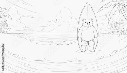 Bear in summer shorts holding surfboard on sandy beach with horizon, summer fun concept