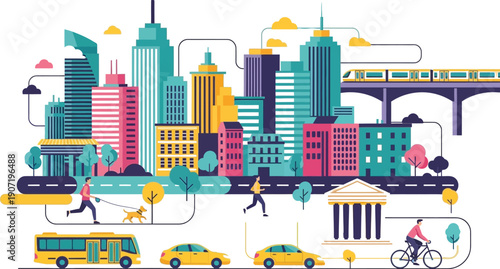 Colorful illustrated cityscape depicts modern urban transportation systems including buses, cars, elevated train, and active citizens engaging.