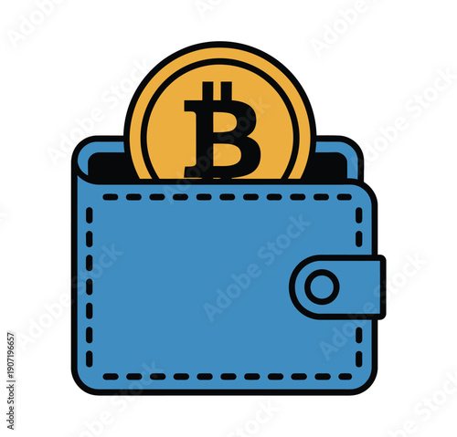 A blue wallet with a Bitcoin coin sticking out of it, symbolizing cryptocurrency storage and management.
