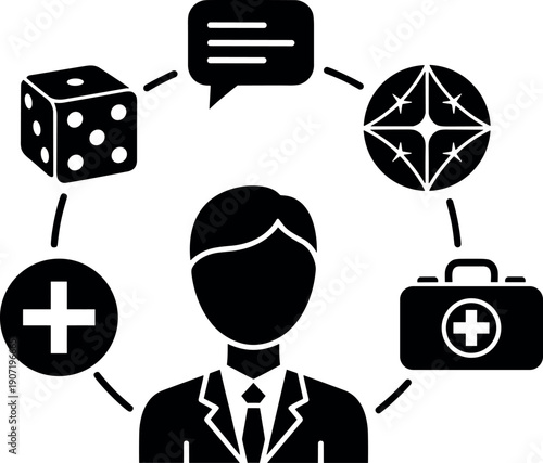 Professional businessman surrounded by icons representing risk management gaming strategy communication medical health services crisis planning and creative problem solving development