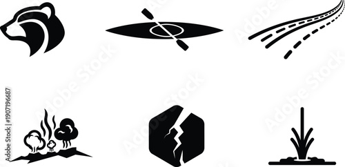 collection of six black and white icons including bear head kayak road plant fire cracked stone and smoke