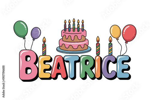A colorful illustration of a birthday cake with candles and balloons spelling out the name Beatrice