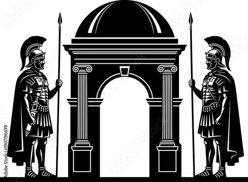Roman Centurion Soldiers Guarding Ancient Temple Archway Entrance Black and White Silhouette Vector Illustration for History and Classic Mythological Design