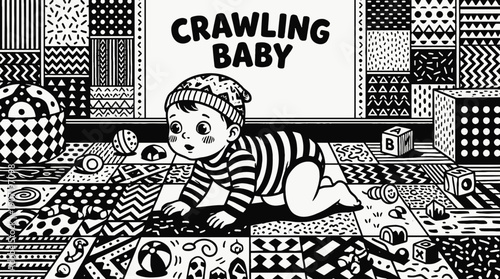 crawling baby infant newborn child exploring home nursery floor during early childhood development with family support adorable cute lifestyle portrait expressing curiosity innocence parenting care 