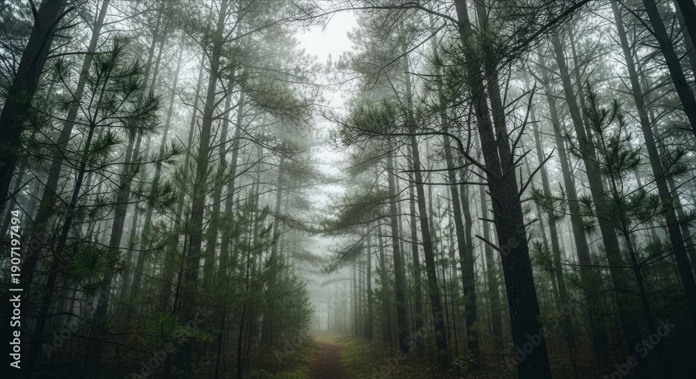 Obraz premium Misty Forest Pathway Through Tall Pine Trees Surrounded by Fog