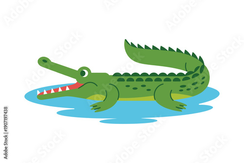A cartoon alligator swims in water with its mouth open, showing sharp teeth.