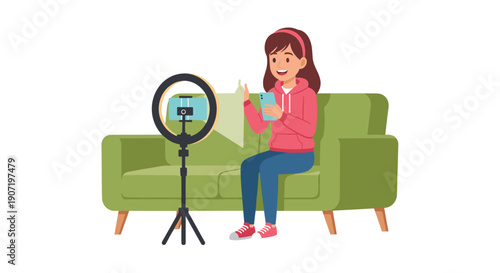 A young woman sits comfortably on a green couch, enthusiastically recording a video or live stream using a smartphone and ring light.